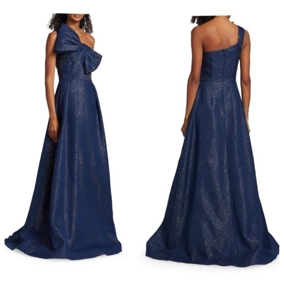 Teri Jon By Rickie Freeman Asymmetric Bow Metallic Sparkle Jacquard Maxi Gown - Picture 3 of 12